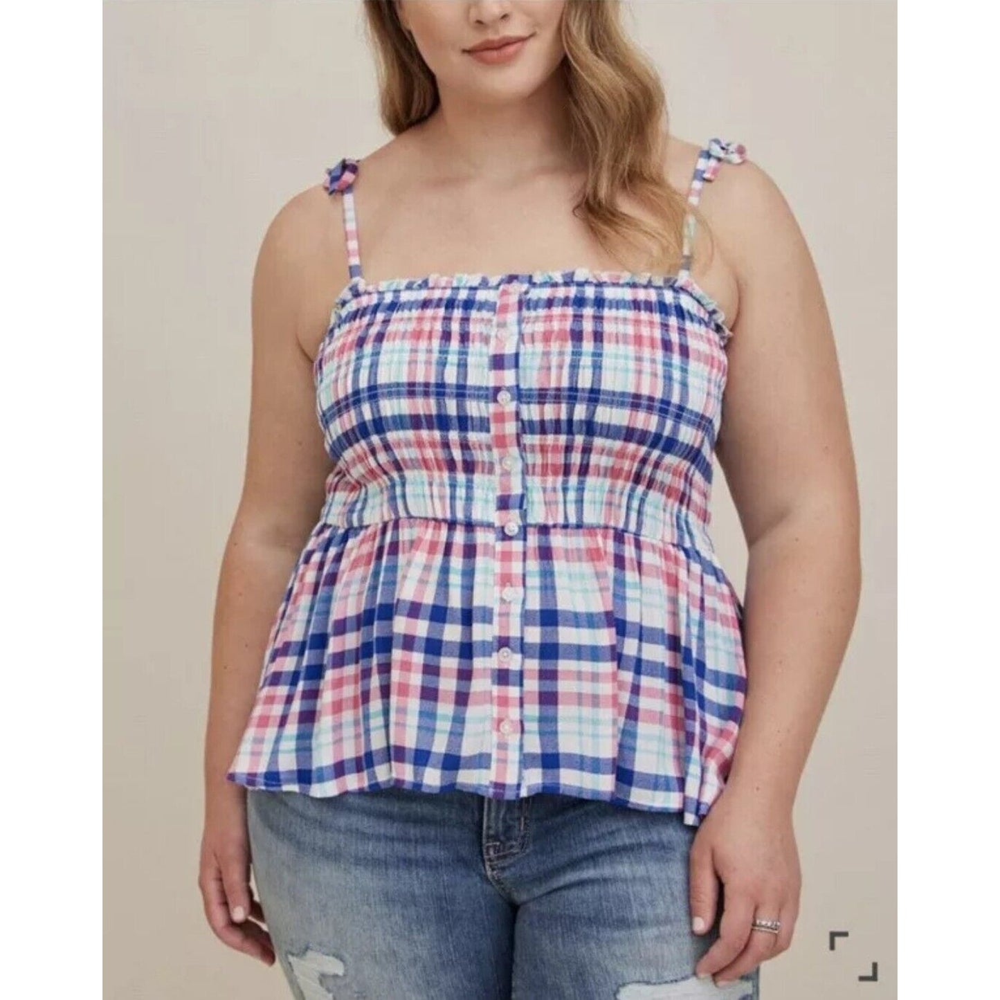 Torrid Tank Top Blouse Plus Size 1X Plaid Crinkle Gauze Peplum Smocked Bodice