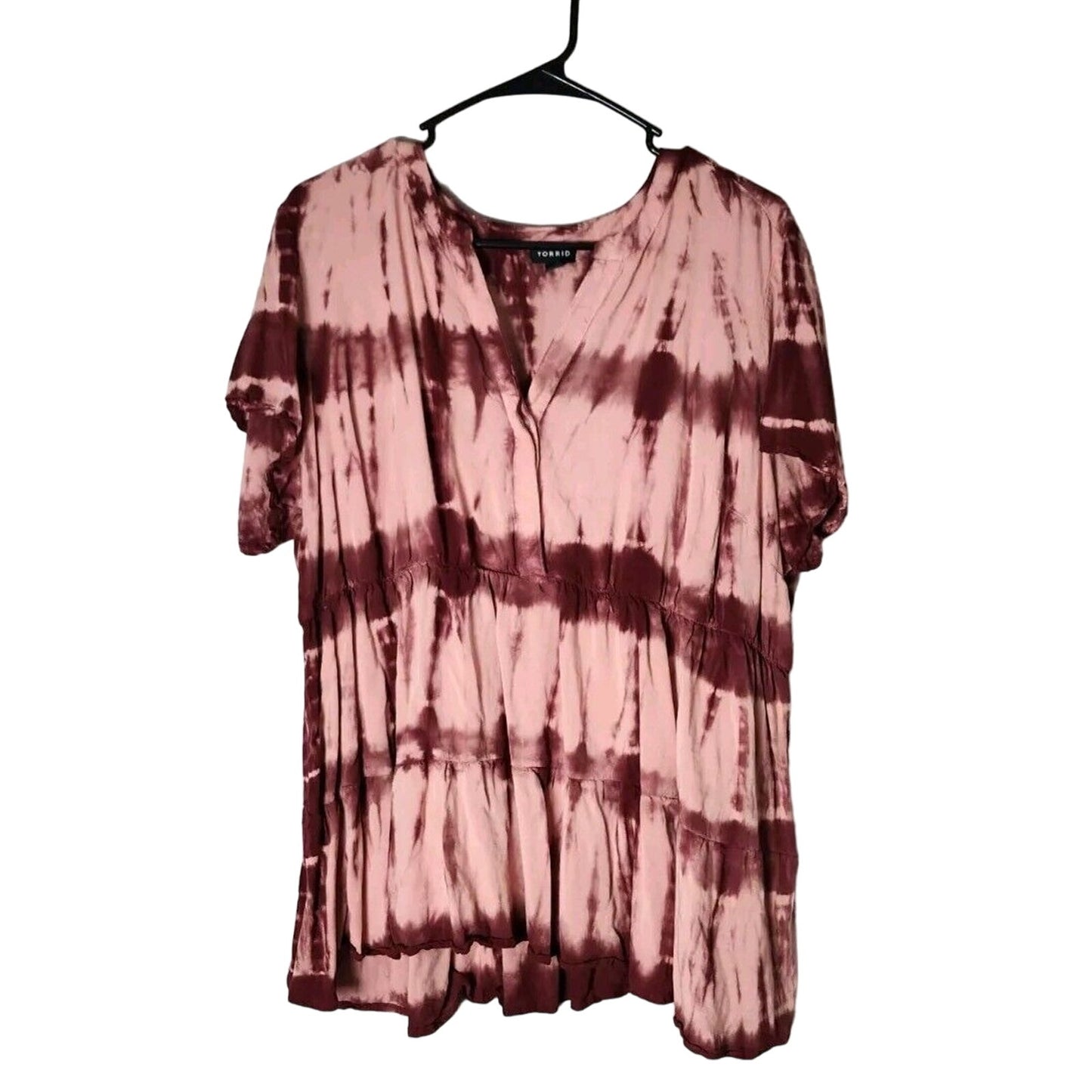 Torrid Babydoll Top Plus Size 2X Peach Tie Dye Tiered Short Sleeve V-Neck