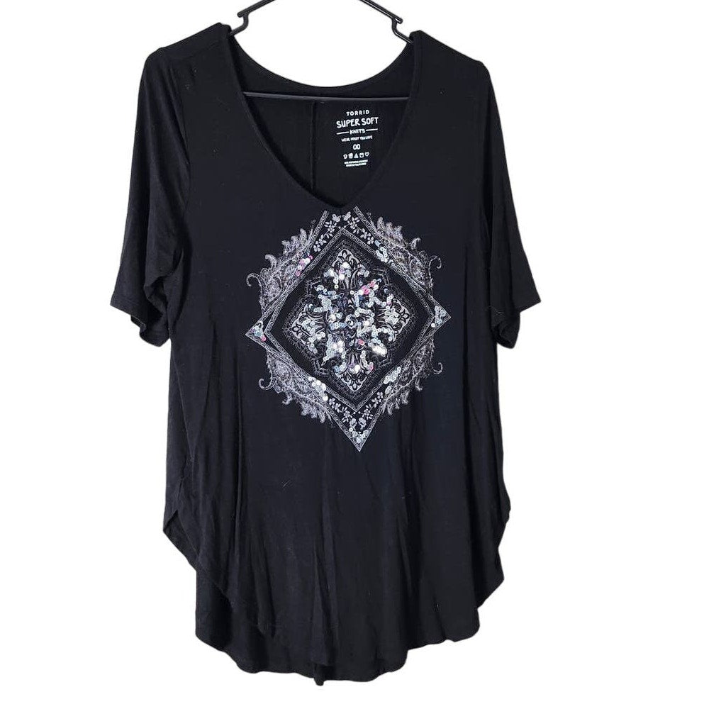 Torrid Tunic T-Shirt Size 00/M Black Super Soft Knit Sequin Embellished