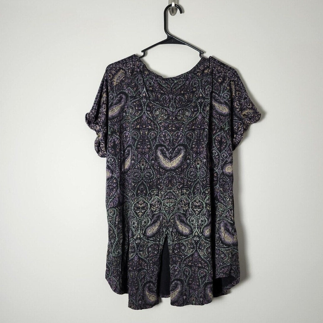 Lucky Brand T-Shirt Top Plus Size 2X Black Paisley Short Sleeve Tee Split Back