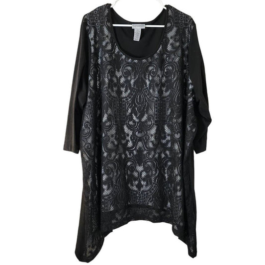 Catherines Tunic Blouse Plus Size 22/24W Black Lace Long Sleeve