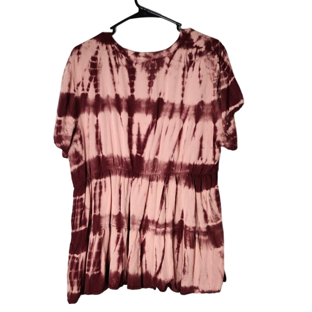 Torrid Babydoll Top Plus Size 2X Peach Tie Dye Tiered Short Sleeve V-Neck