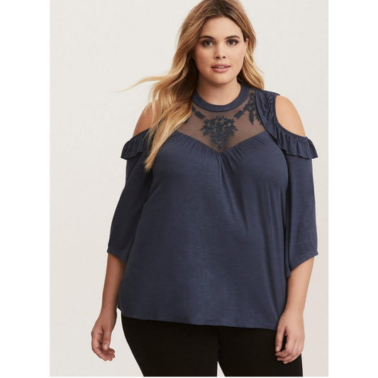 Torrid Cold Shoulder Blouse Plus Size 1X Blue Embroidered Mesh Neck