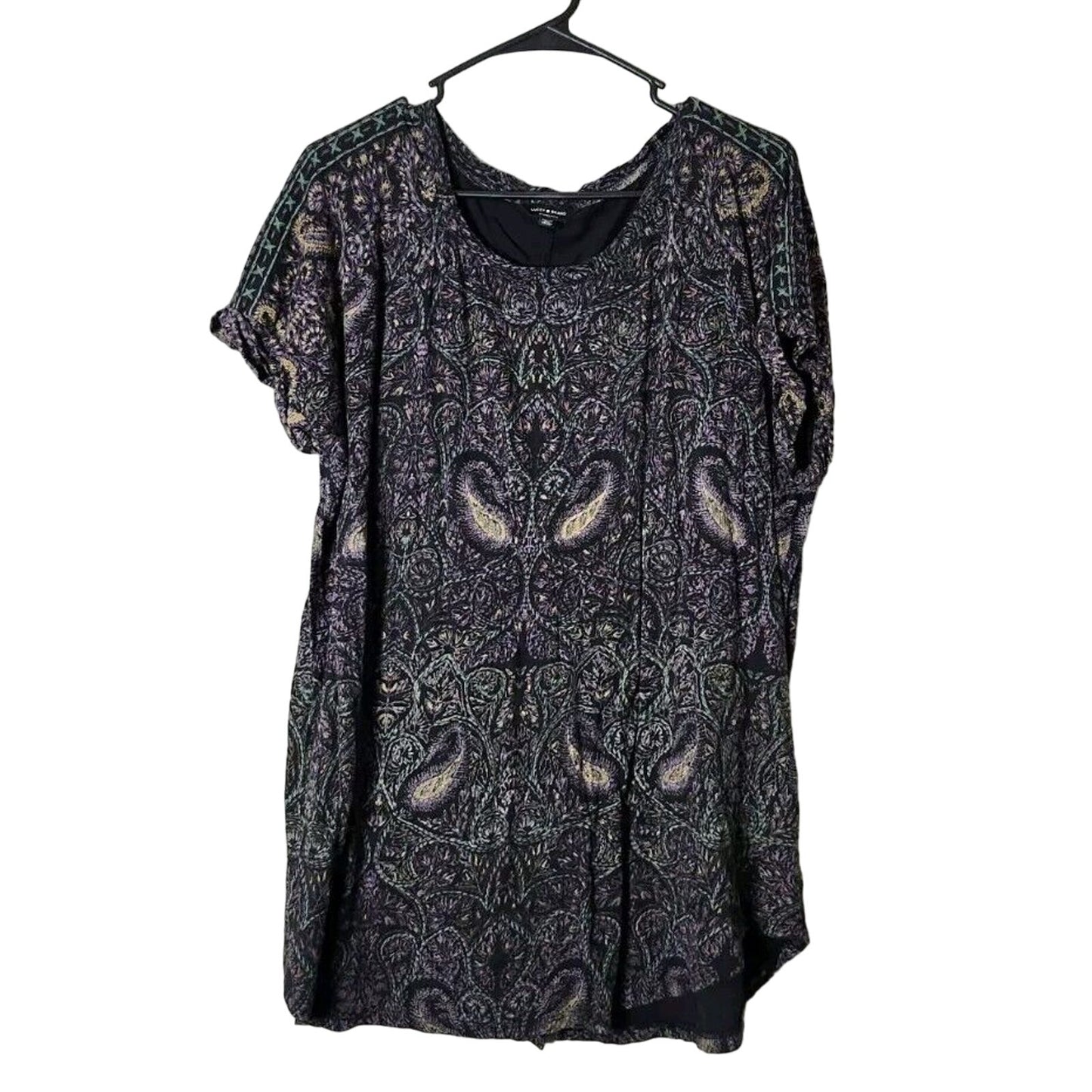 Lucky Brand T-Shirt Top Plus Size 2X Black Paisley Short Sleeve Tee Split Back