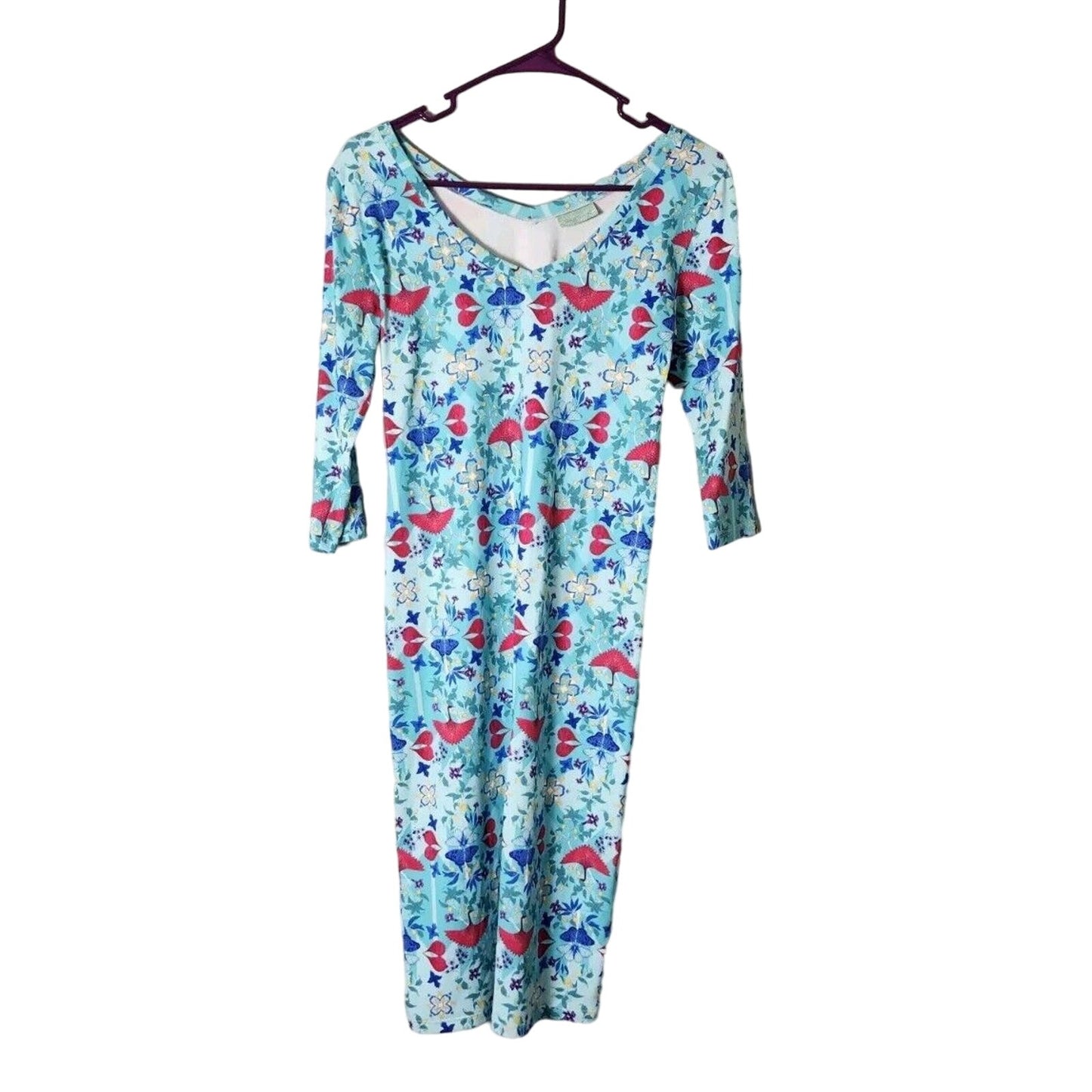 Manuel Canovas Midi Dress US Size 8/10 Blue Floral 3/4 Sleeve Stretch