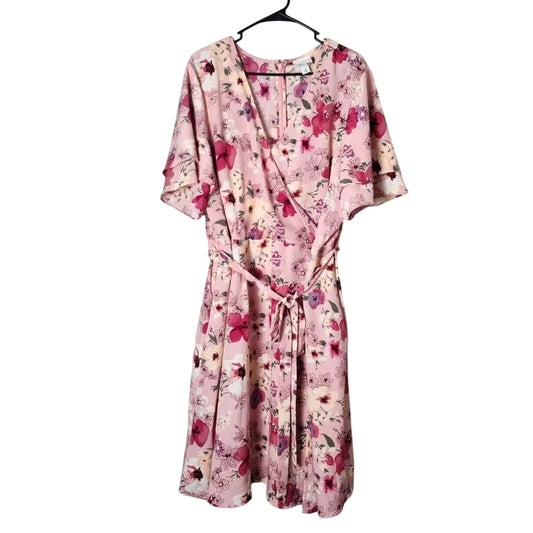 Ava & Viv Wrap Mini Dress Plus Size 3X Pink Floral Pockets Short Sleeve