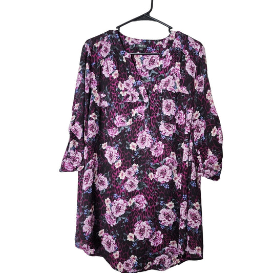 Torrid Harper Blouse Plus Size 0X Floral Animal Print Pocket V-Neck Purple