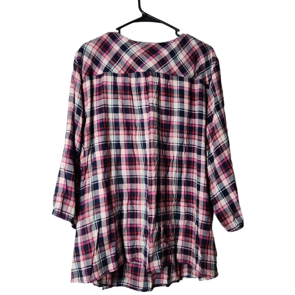 Catherines Blouse Top Plus Size 3X Pink Blue Plaid 3/4 Sleeve Embroidered