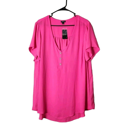 Torrid Georgette Blouse Plus Size 2X Hot Pink Glo Hi-Low Button Short Sleeve NWT