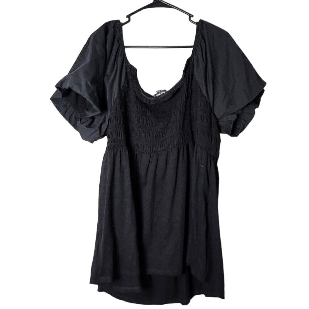 Torrid Babydoll Blouse Plus Size 3X Black Short Puff Sleeve Smocked