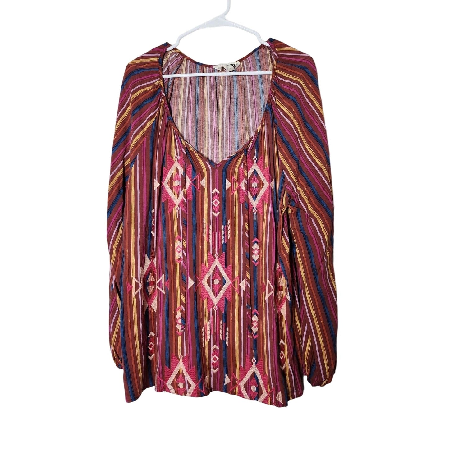 Savanna Jane Peasant Blouse Plus Size 1X Boho Embroidered Striped Aztec Colorful