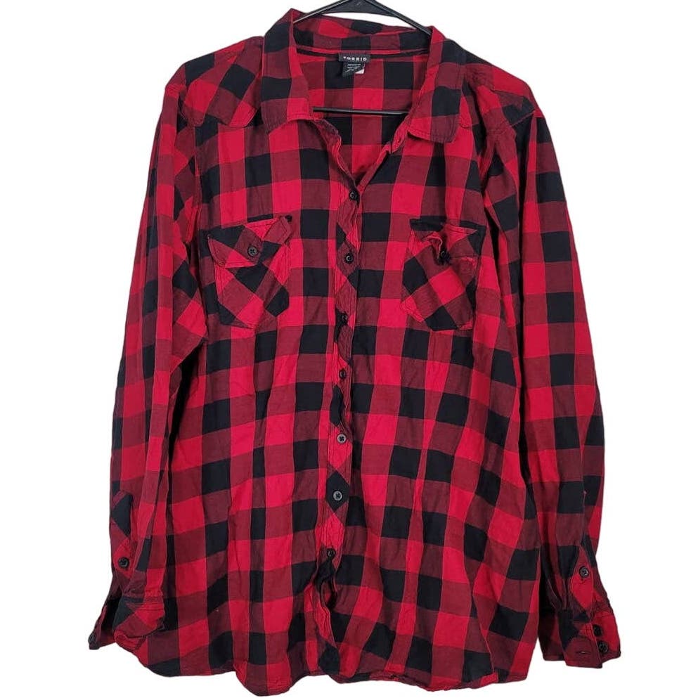 Torrid Buffalo Plaid Button Down Shirt Collared Casual Red Black Size 4/4X