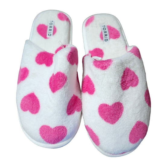 Torrid Heart Slippers Size 7.5w Soft Plush Closed Toe Faux Fur White Pink