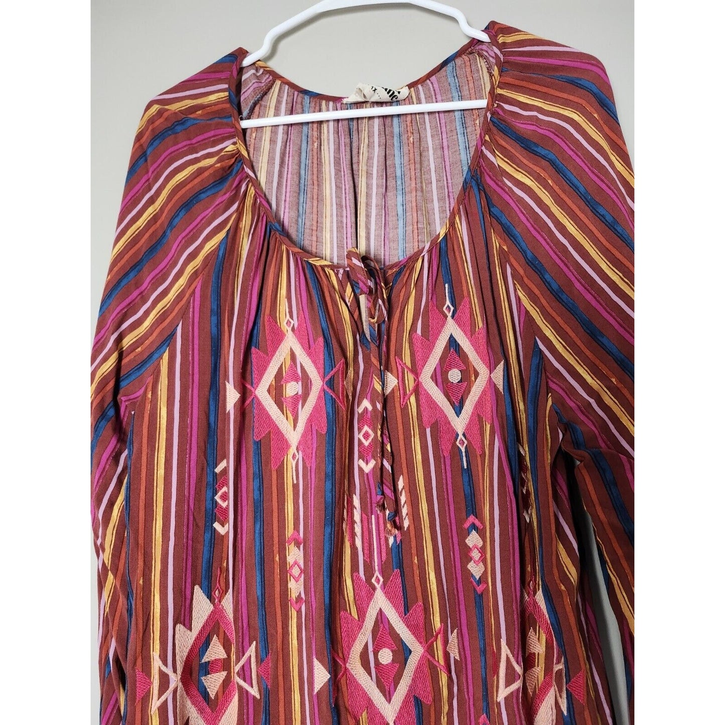 Savanna Jane Peasant Blouse Plus Size 1X Boho Embroidered Striped Aztec Colorful