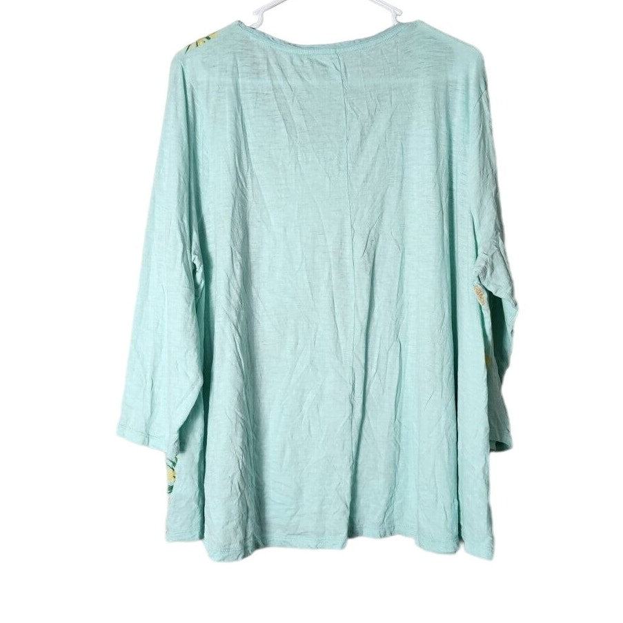 Crown & Ivy T-Shirt Top Plus Size 2X Pineapple Aqua Blue 3/4 Sleeve Beaded