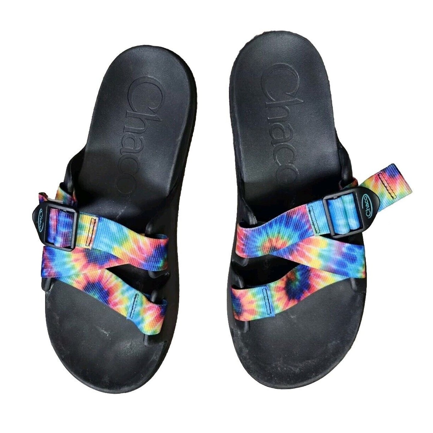 Chaco Sandals Womens 11 Black With Colorful Tie Dye Straps Adjustable Rainbow