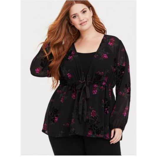 Torrid Tie Front Blouse Chiffon Black Floral Sheer Long Sleeve Size 2/2X