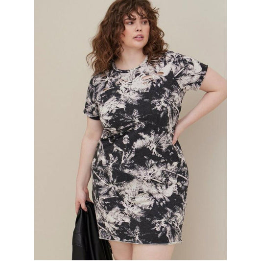 Torrid Lovesick T-Shirt Dress Plus Size 2X Palm Print Black & White Distressed