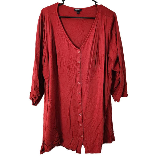 Torrid Blouse Plus Size 4X Red 3/4 Sleeve Tie Back Button Detail