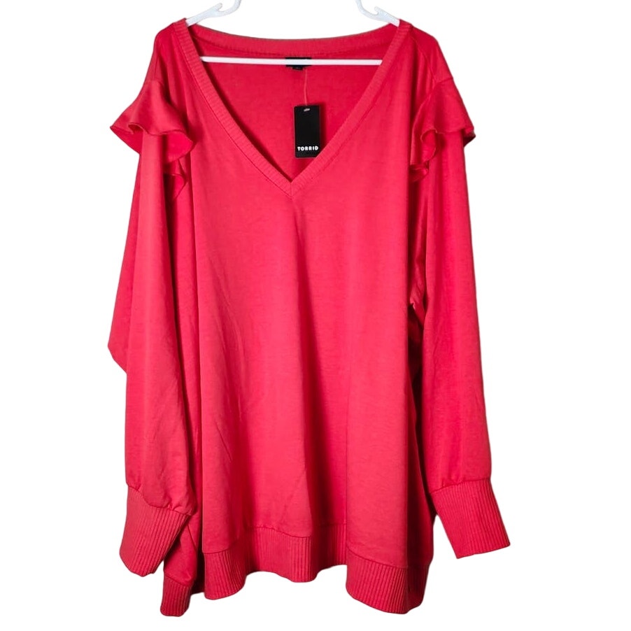 Torrid Sweatshirt V- Neck Ruffle Shoulder Red NWT Plus Size 5X