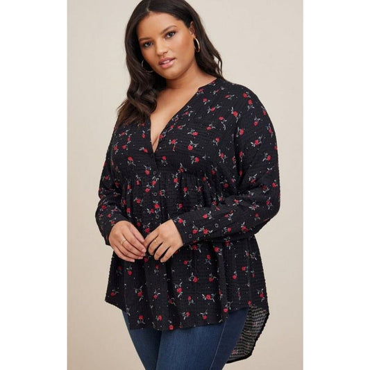 Torrid Emma Babydoll Tunic Blouse Size 4X Black Red Floral Crinkle Gauze