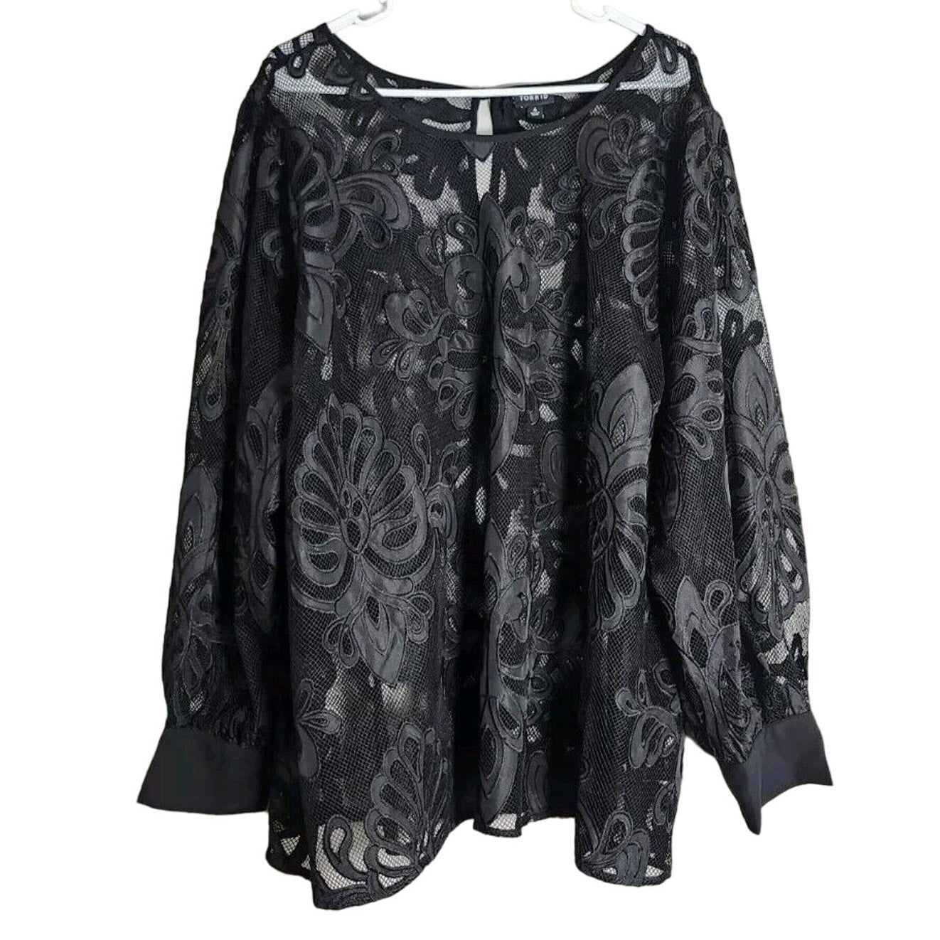 Torrid Blouse Top Plus Size 4X Black Lace Mesh Embroidered Long Sleeve