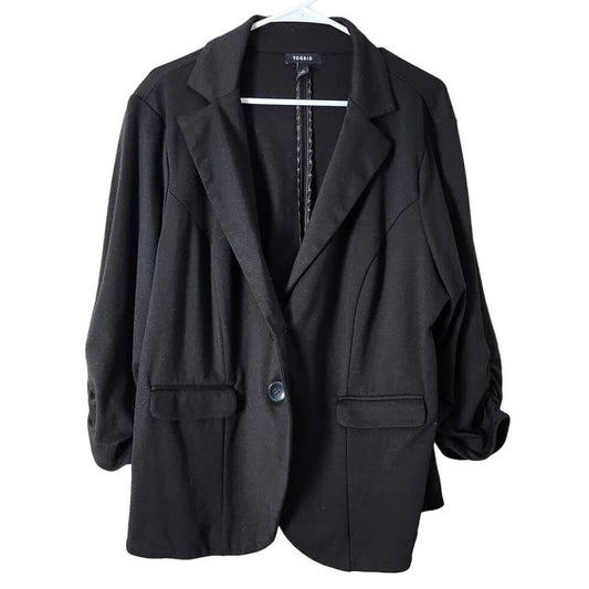 Torrid Blazer Jacket Plus Size 2X Black Ruched Sleeve One Button
