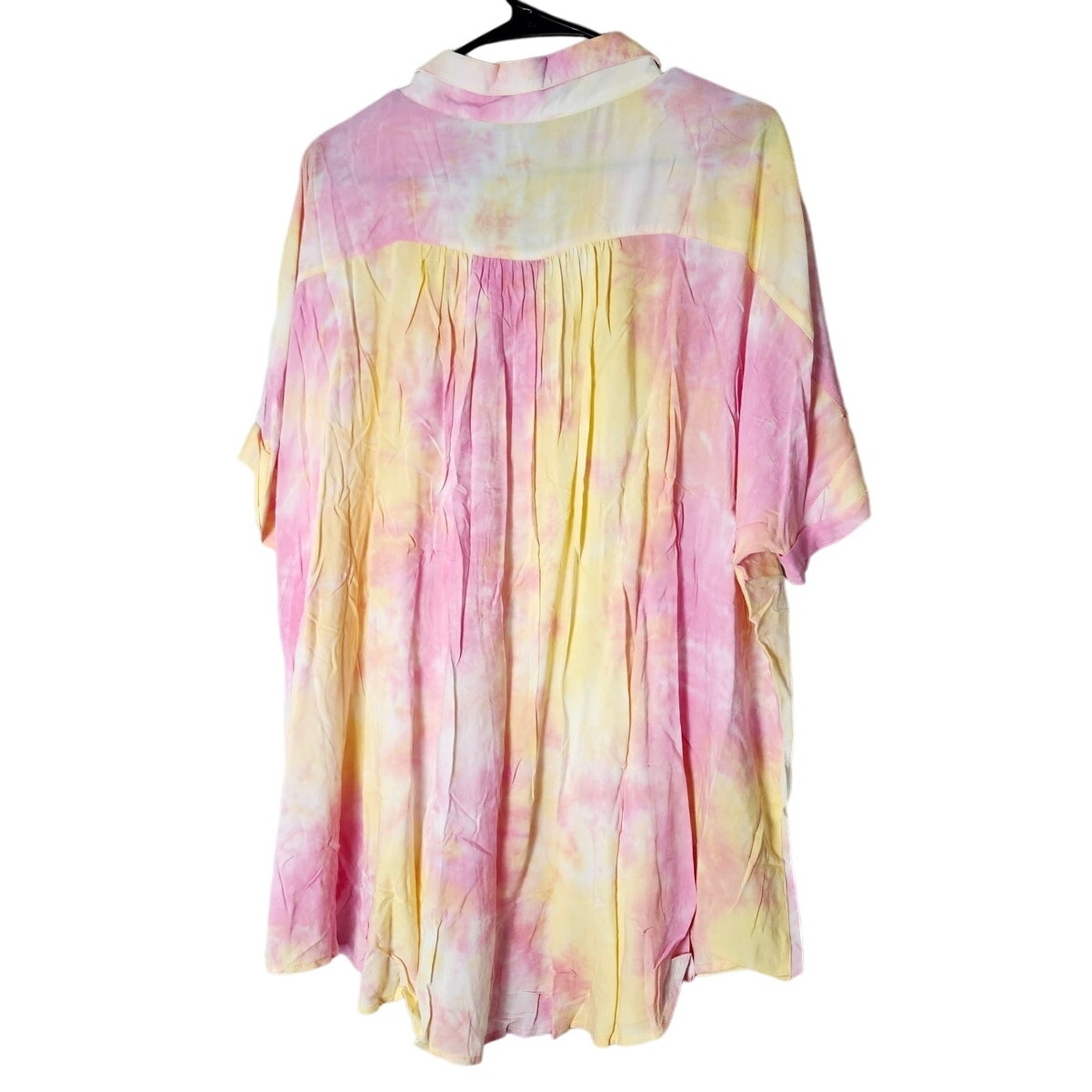 David & Dani Blouse Plus Size 3XL Pink Yellow Tie Dye Short Sleeve Button Up