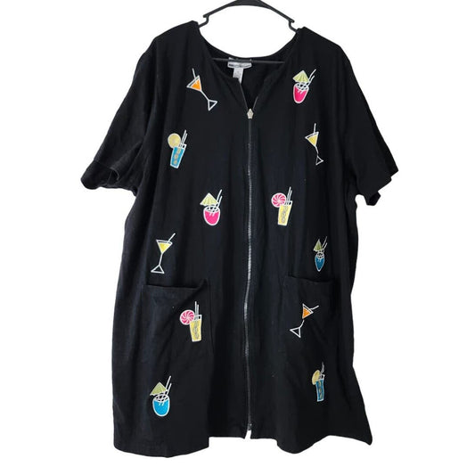CZ Cover-Ups Swim Zip Up Dress Plus Size 3X Black Pockets Drinks Embroidered