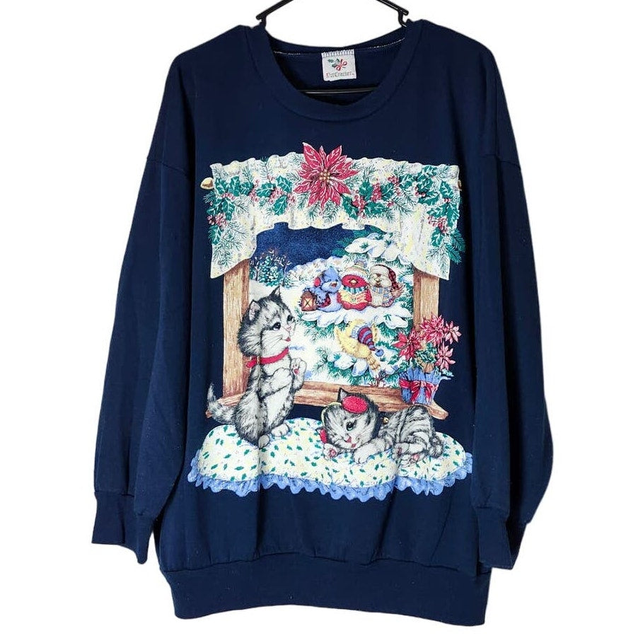 Nutcracker Vintage Christmas Sweatshirt 1X Blue Winter Cat Kitten Crew Neck