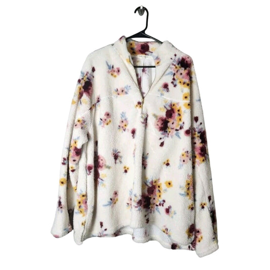 Linda Anderson Fleece Pullover Plus Size 3X 1/4 Zip Mock Neck White Floral