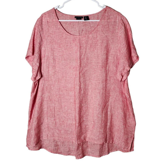 Tahari Linen Blouse Top Plus Size 1X Pink Short Sleeve