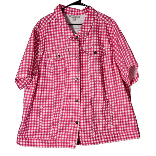 Woman Within Denim Top Pink and White Gingham Short Sleeve Plus Size 30W