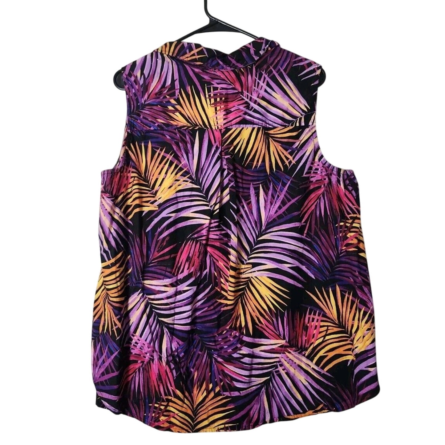 Catherines Button Front Top Plus Size 1X Purple Tropical Palm Print Sleeveless