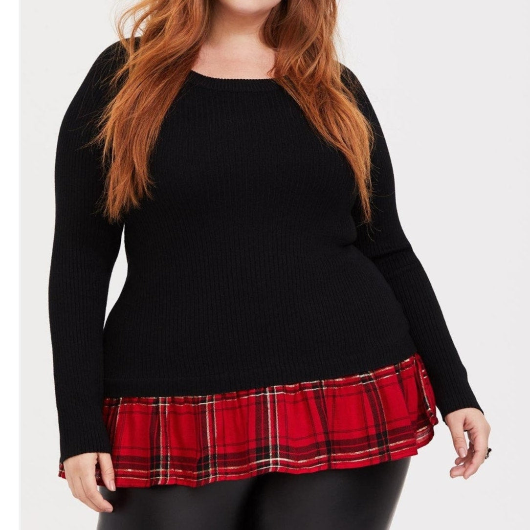 Torrid Sweater Plus Size 4X Black Ribbed Knit Red Plaid Bottom