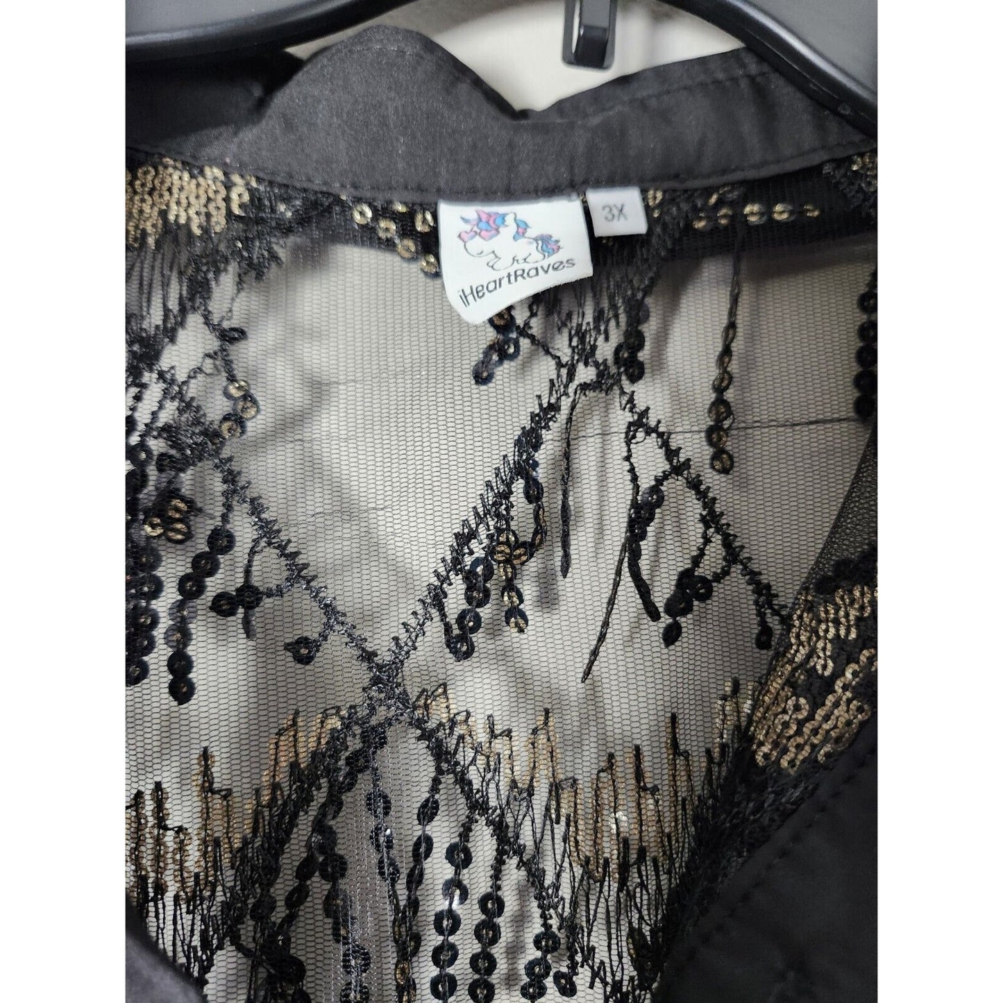 iHeartRaves Button Front Blouse Size 3X Black Gold Sheer Mesh Fringe Sequin