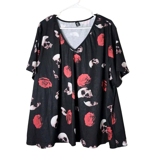 Shein Curve Skull T-Shirt Plus Size 4X Black Red Rose Print Short Sleeve