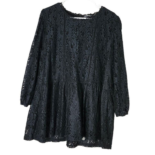 Andree by Unit Blouse Plus Size 2X Black Lace Overlay Peplum 3/4 Sleeve