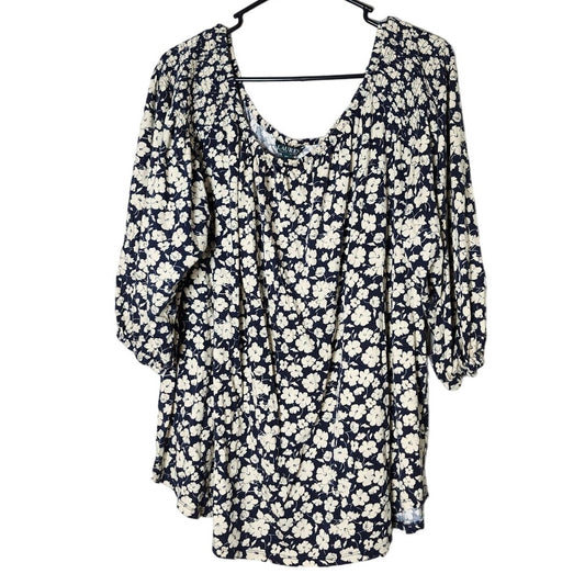 Lauren Ralph Lauren Blouse Top Plus 2X Blue Cream Floral Off Shoulder 3/4 Sleeve