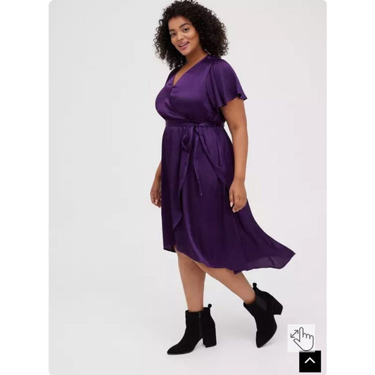 Torrid Wrap Midi Dress Plus Size 2X Purple Crinkle Shine Metallic Short Sleeve