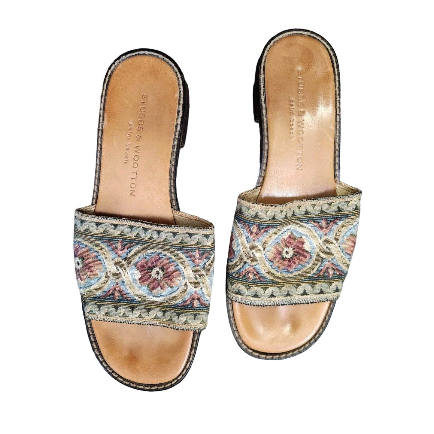 Stubbs & Wootton Slides Sandals Size 8.5 Tapestry Needlepoint Leather Flats