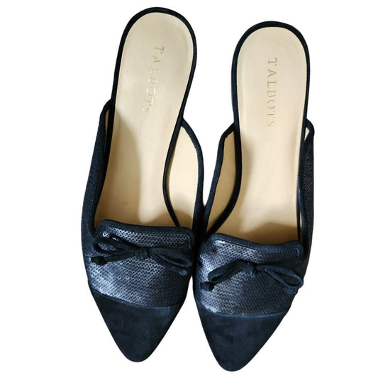 Talbots Edison Sequin Mules Black Bow Slip On Women’s Size 11 M