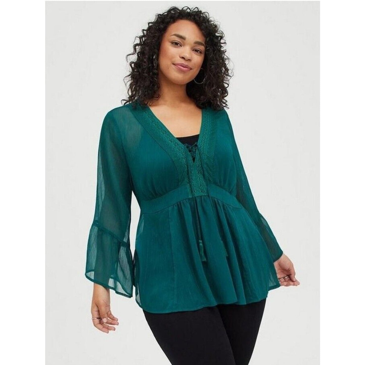 Torrid Babydoll Blouse Plus Size 4X Semi Sheer Lace V-Neck Green