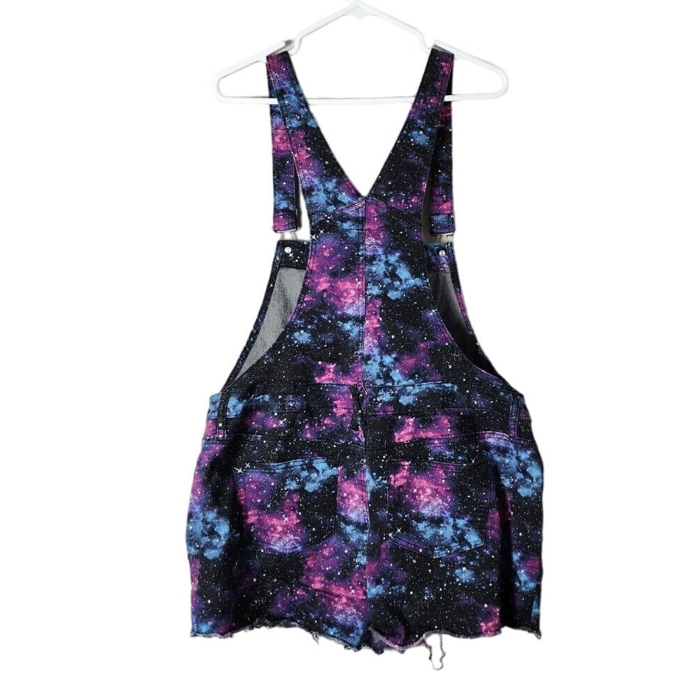 Hot Topic Galaxy Print Shortalls Size XL Overall Shorts Black Blue Purple Pink