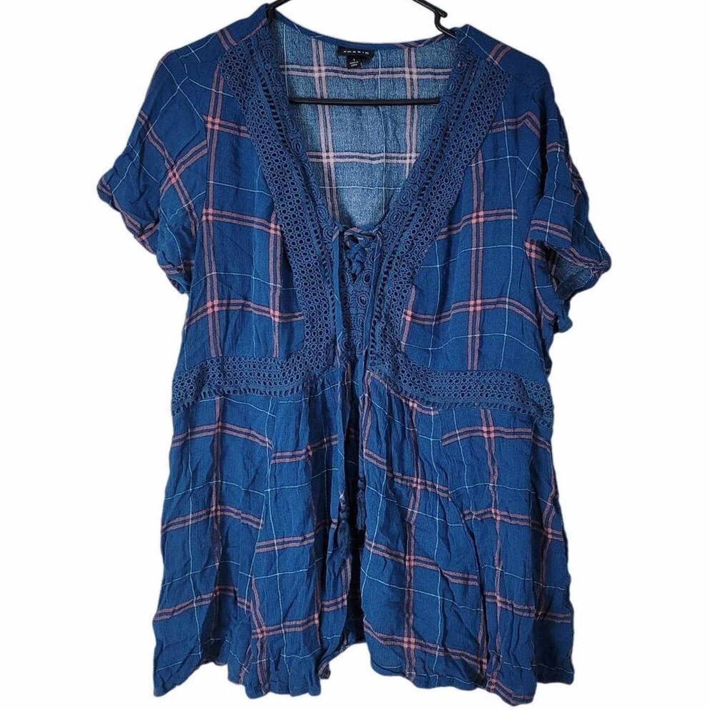 Torrid Babydoll Blouse Plus Size 0X Crinkle Gauze Crochet Lace-Up Blue Plaid