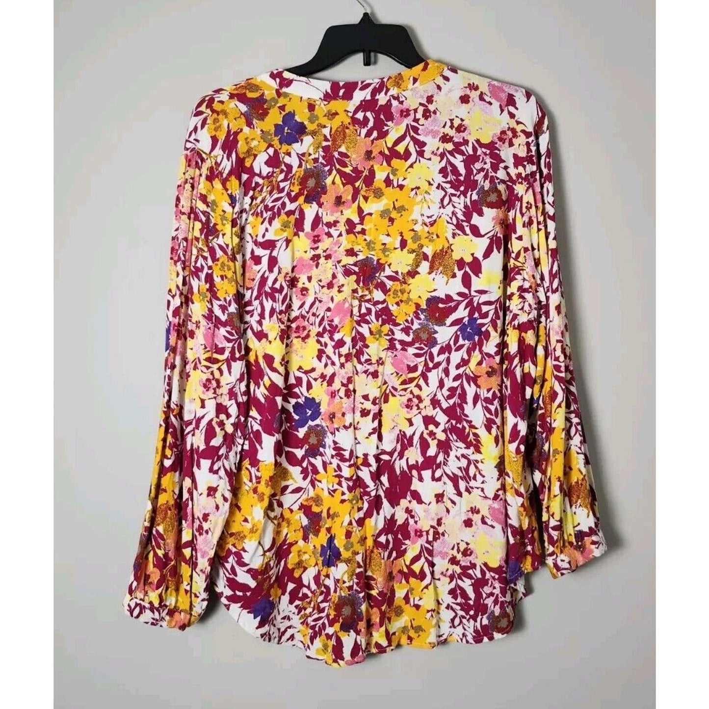 Woman Within Blouse Top Plus Size 26/28 Yellow Pink Floral V-Neck Long Sleeve