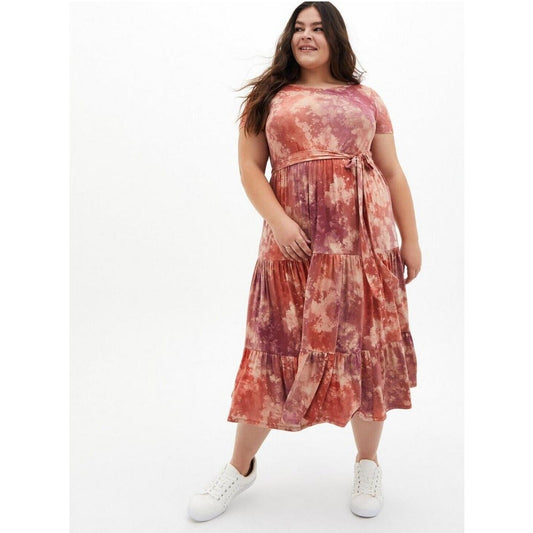 Torrid Super Soft Midi Dress Plus Size 2X Pink Orange Tie Dye Tiered