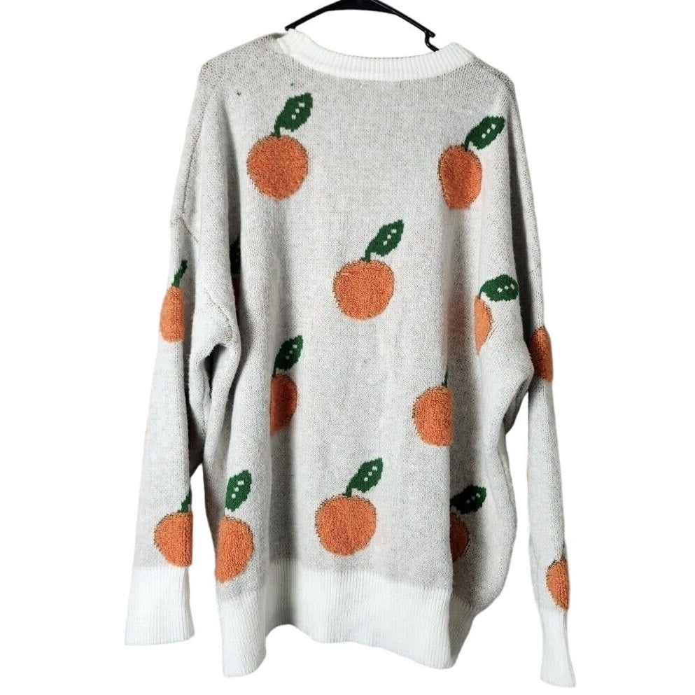 Bibi Knit Pullover Sweater Size XL Orange Fruit Print Cream