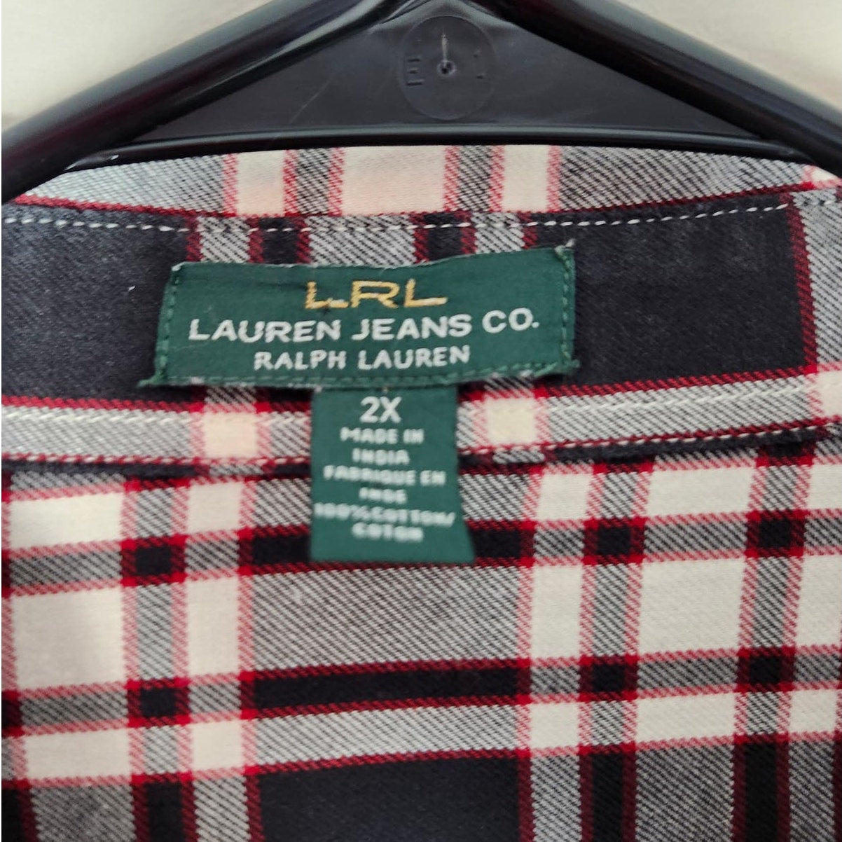 LRL Ralph Lauren Button Front Shirt Plus Size 2X Blue Red Plaid Flannel Cotton