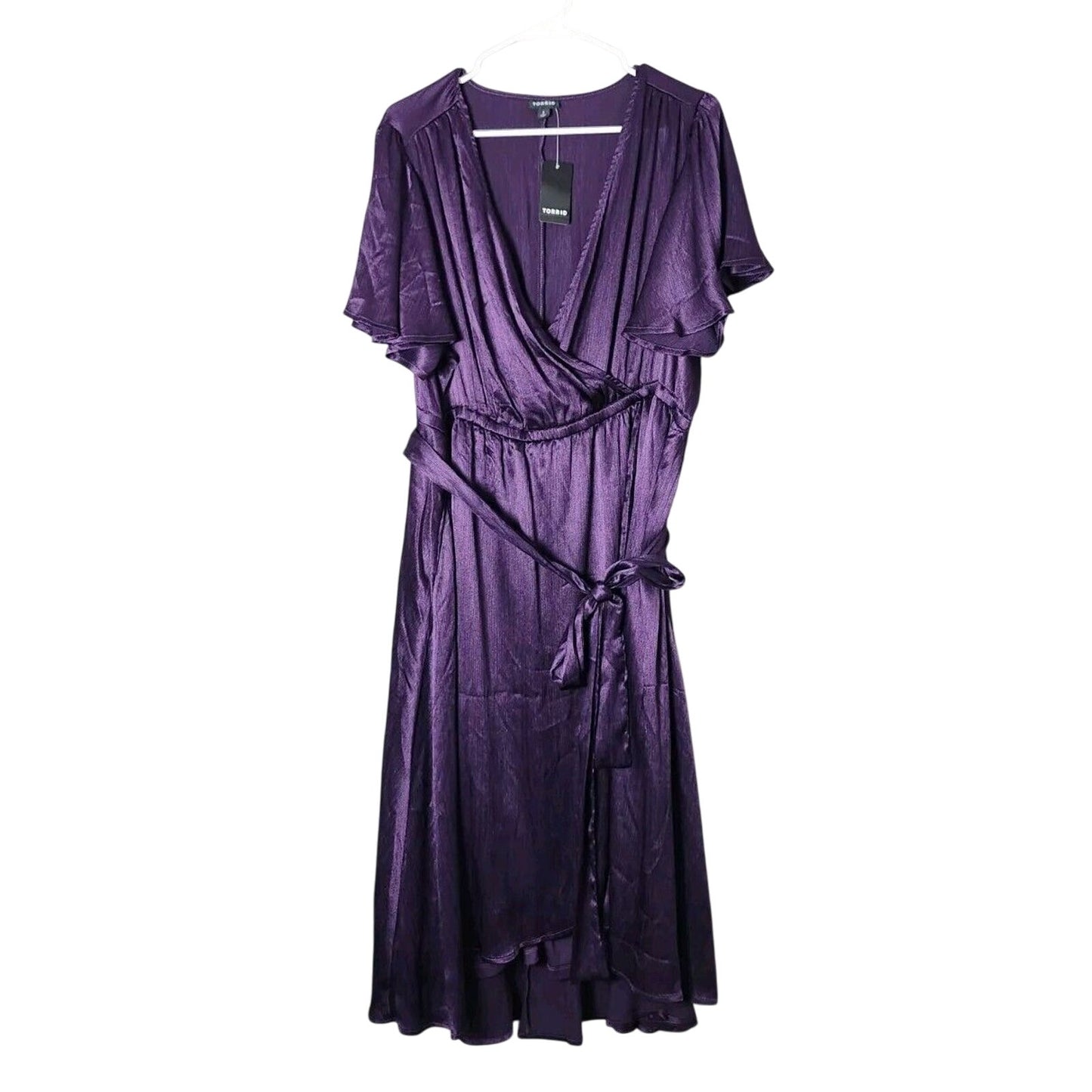 Torrid Wrap Midi Dress Plus Size 2X Purple Crinkle Shine Metallic Short Sleeve